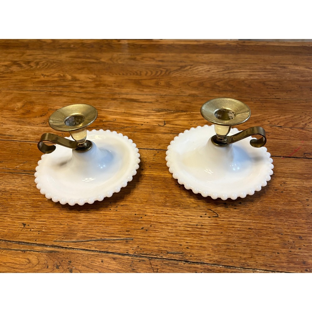 Pair of Vintage Brass & Hobnail Milkglass Chamberstick Candlestick Holders - Picture 3 of 6